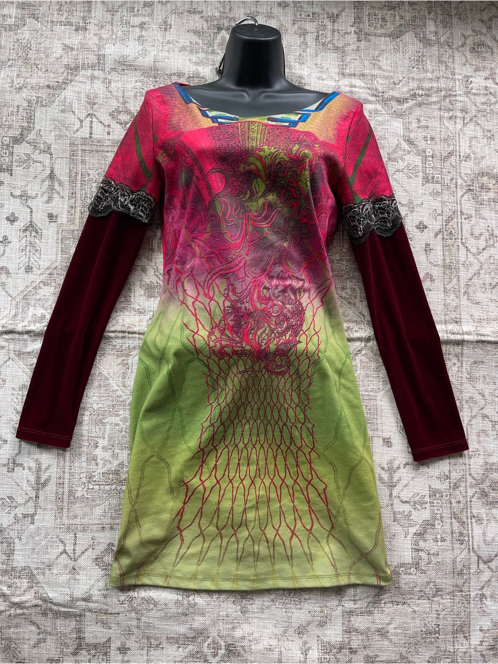 Save The Queen Green and Burgundy Long Sleeve Romantic Punk Grunge Dress